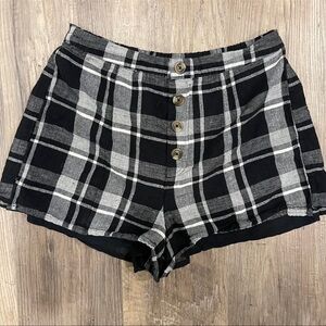 American Eagle Outfitters Black & White Plaid High-Waist Button-Front Shorts